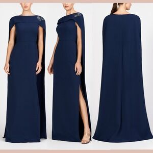 NWT $388 Kay Unger [ 8 ] Alexandria Full Cape Crepe Gown in Dark Midnight‎ Q1225